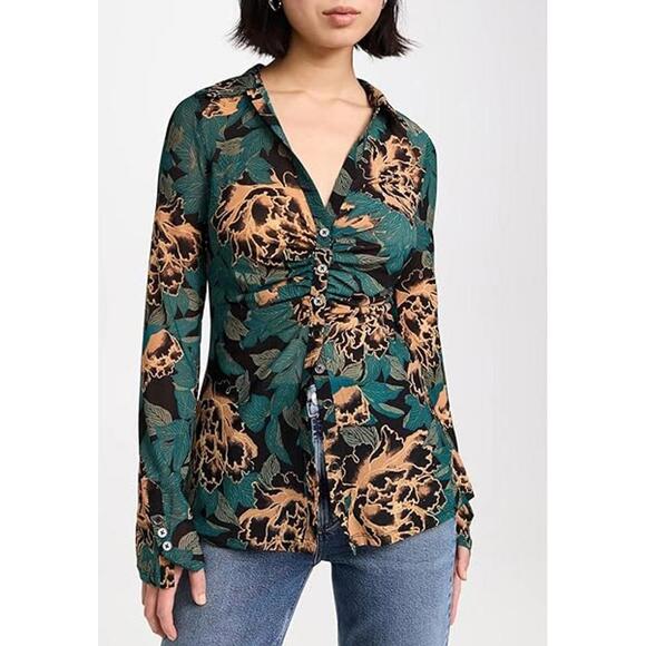 Free People Tops - Free People Lucky Shirtee Peony Rouched Mesh Graphite Button S Small Bold Retro
